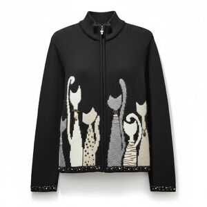 Vtg Coldwater Creek Retro Cats Bejeweled & Sequins Knit Cardigan